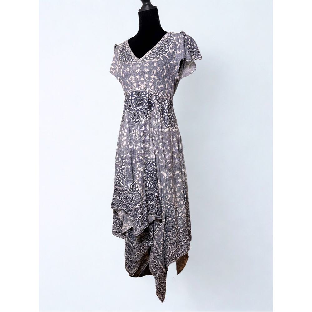 Vtg Y2K Rene Derhy Navy Floral Print Beaded Handkerchief Hem Dress